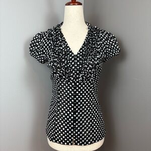 INC Semi Sheer Polka Dot Blouse PS Black White Button Down V Neck Ruffle Front💄💋